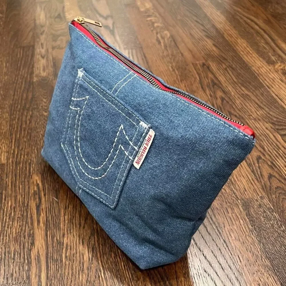 true religion cosmetics jean bag blue denim / navy makeup bag toiletry